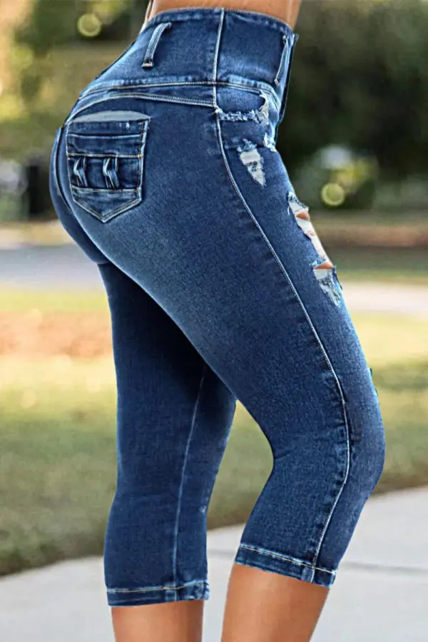 Button Fly Ripped Wash Stretchy High Waist Capri Jeans