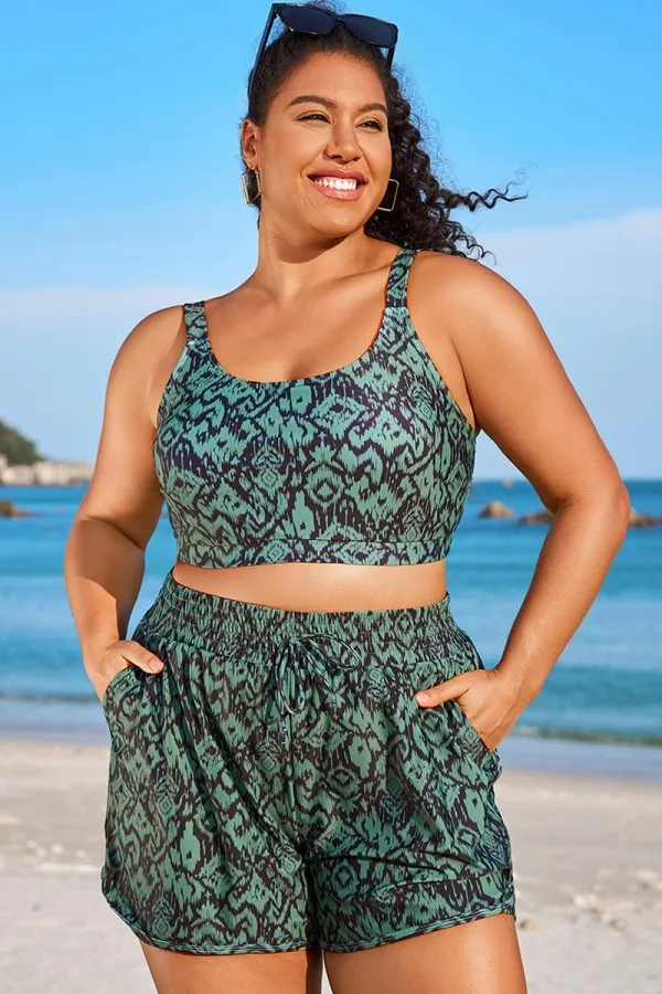 Green Ikat Print Wide Strap Women Bikini Top