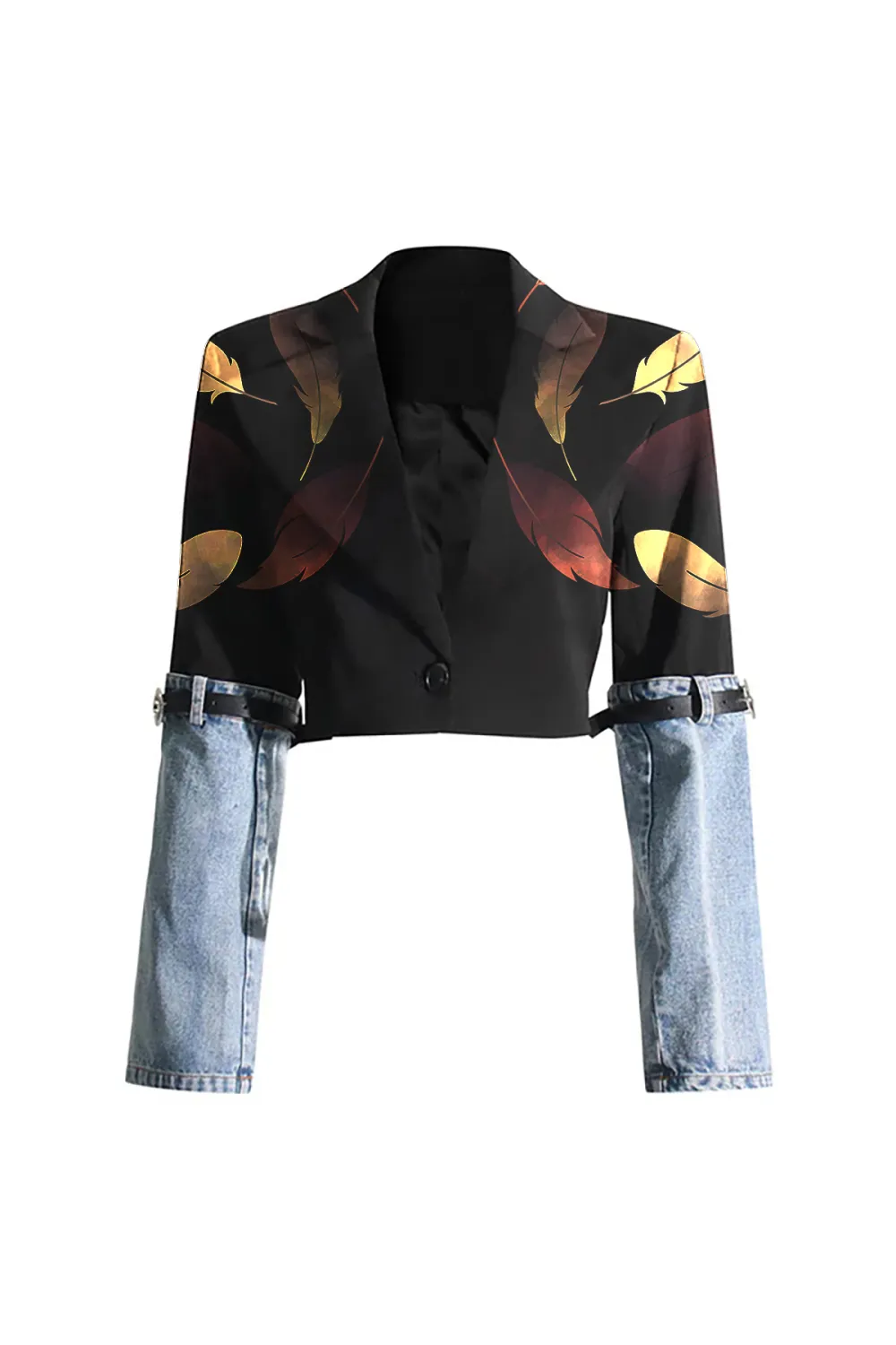 Edgy Two Tone Belted Denim Panel Lapel Single Breasted Crop Blazer