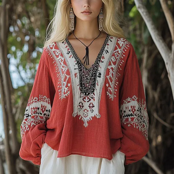 Vintage Bohemian Patterned Women's Linen Shirt