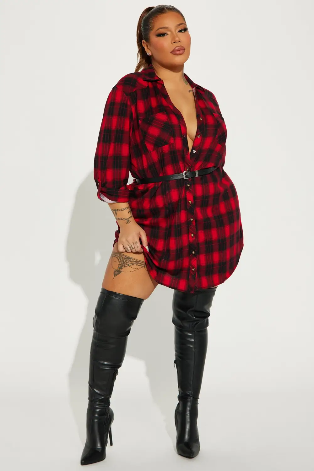 Rebecca Belted Flannel Mini Dress - Red/combo