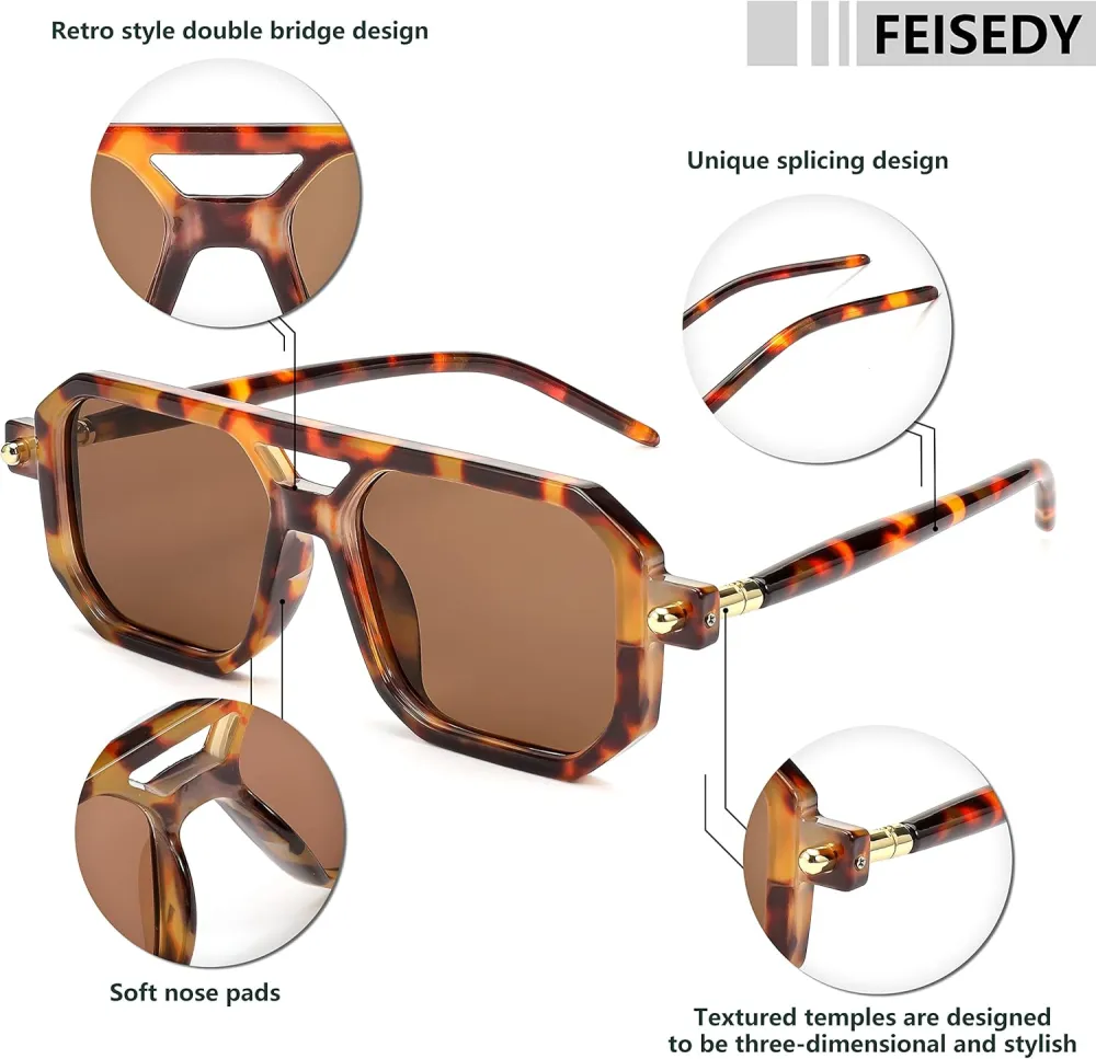 FEISEDY Vintage Square 70s Flat Aviator Sunglasses Women Men Classic Retro Stylish Frame UV400 Sunglasses B2622