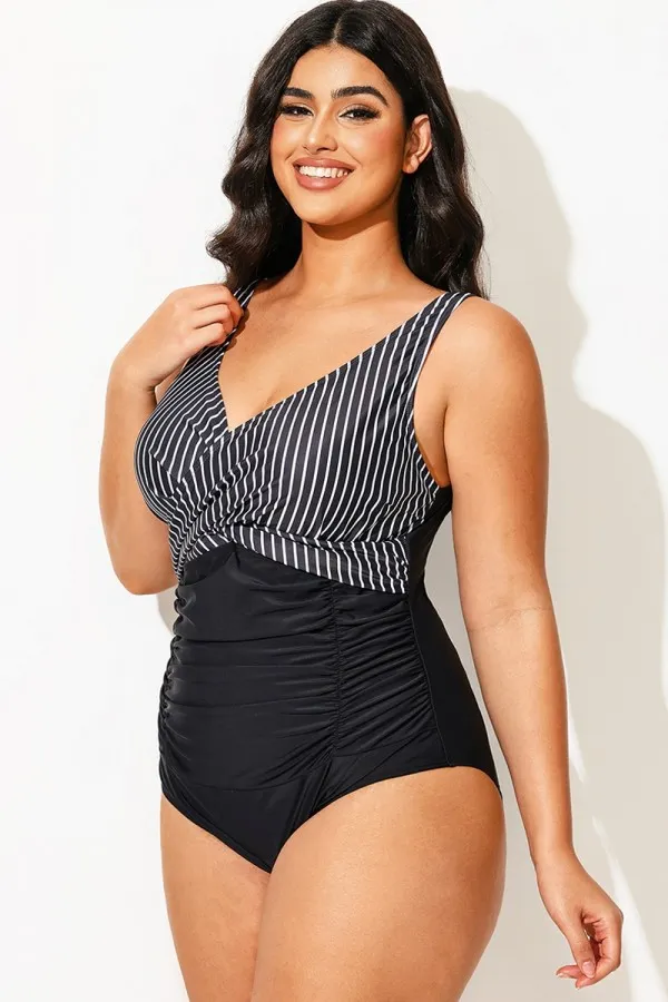 Black & White Striped Shirred One Piece Swimsuit