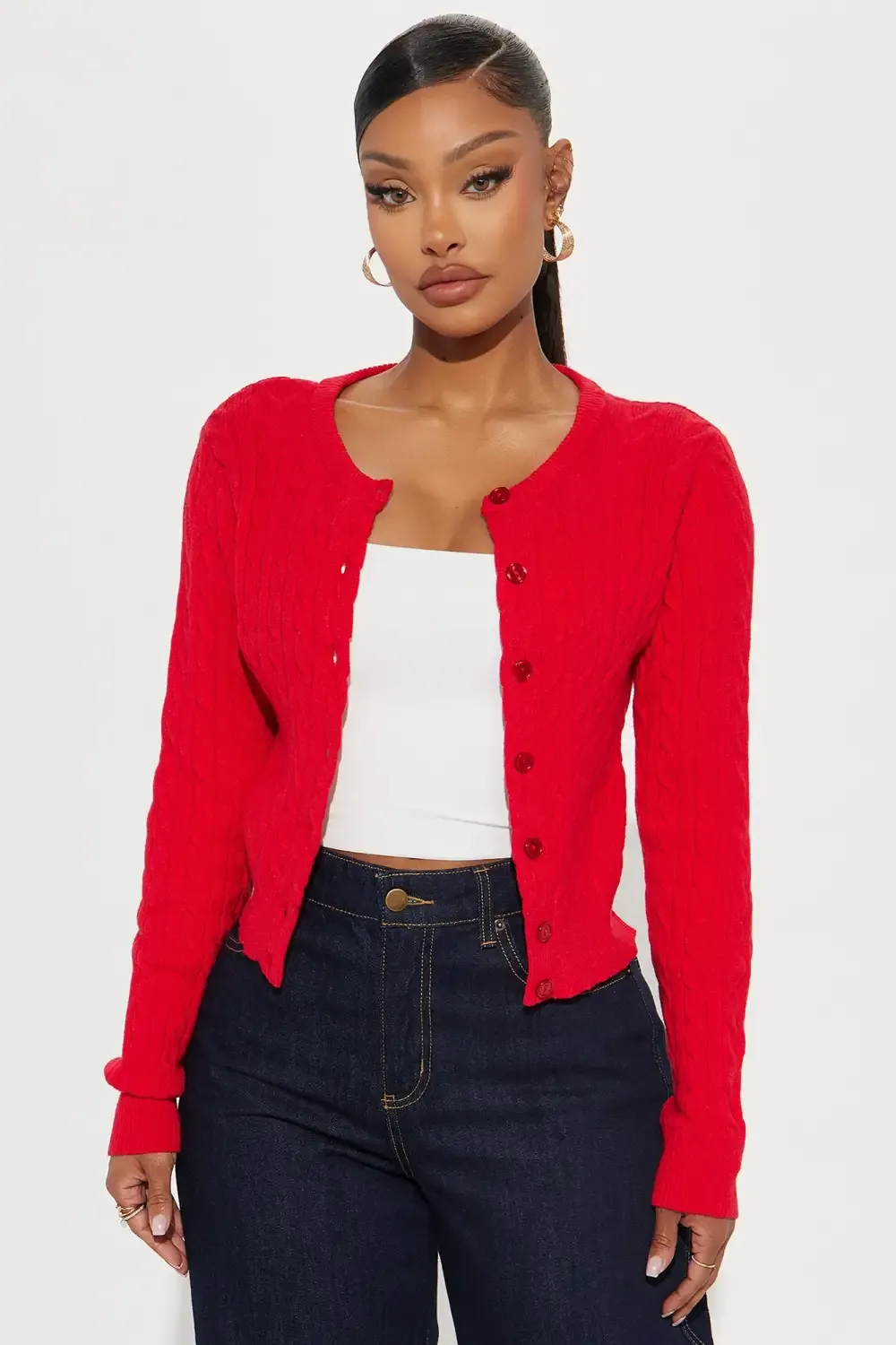 Elowen Cable Knit Cardigan - Red