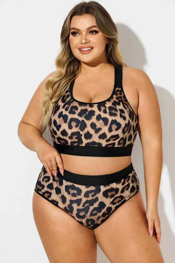 Plus Size Leopard Print Square Neck Bikini Top