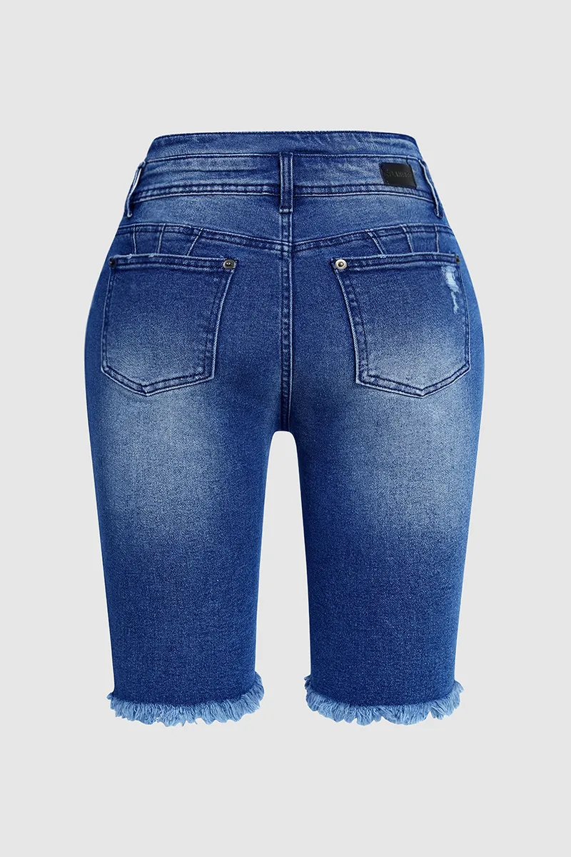 Ripped Button Fly Notched Waist Raw Hem Denim Bermuda Shorts