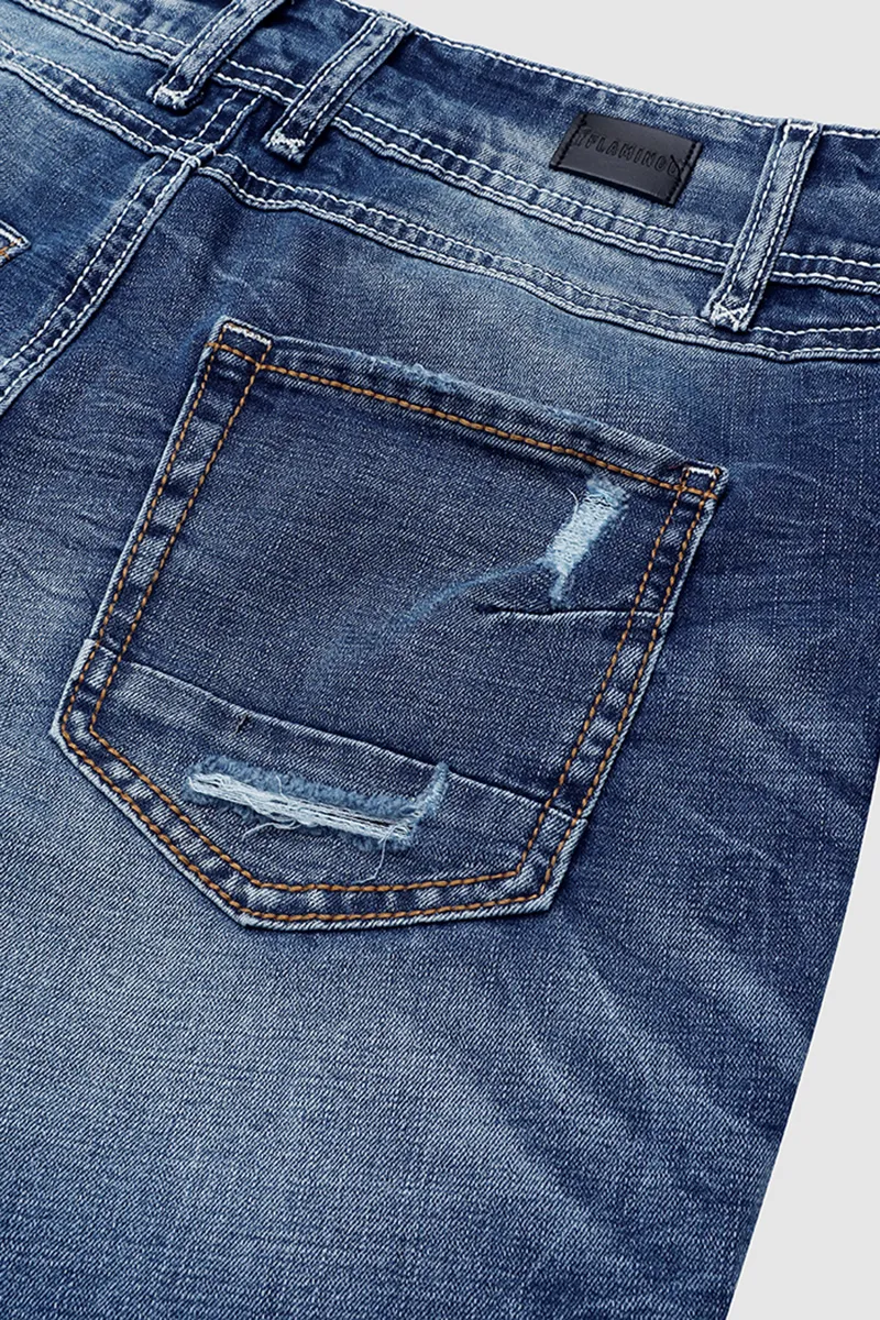 Double Button Ripped Roll Hem Mid Rise Denim Bermuda Shorts