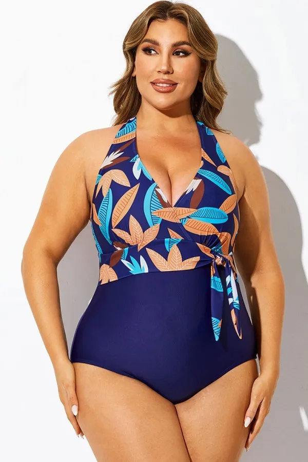 Tropical Print V-Neck Crossback One Piece Swimsuit