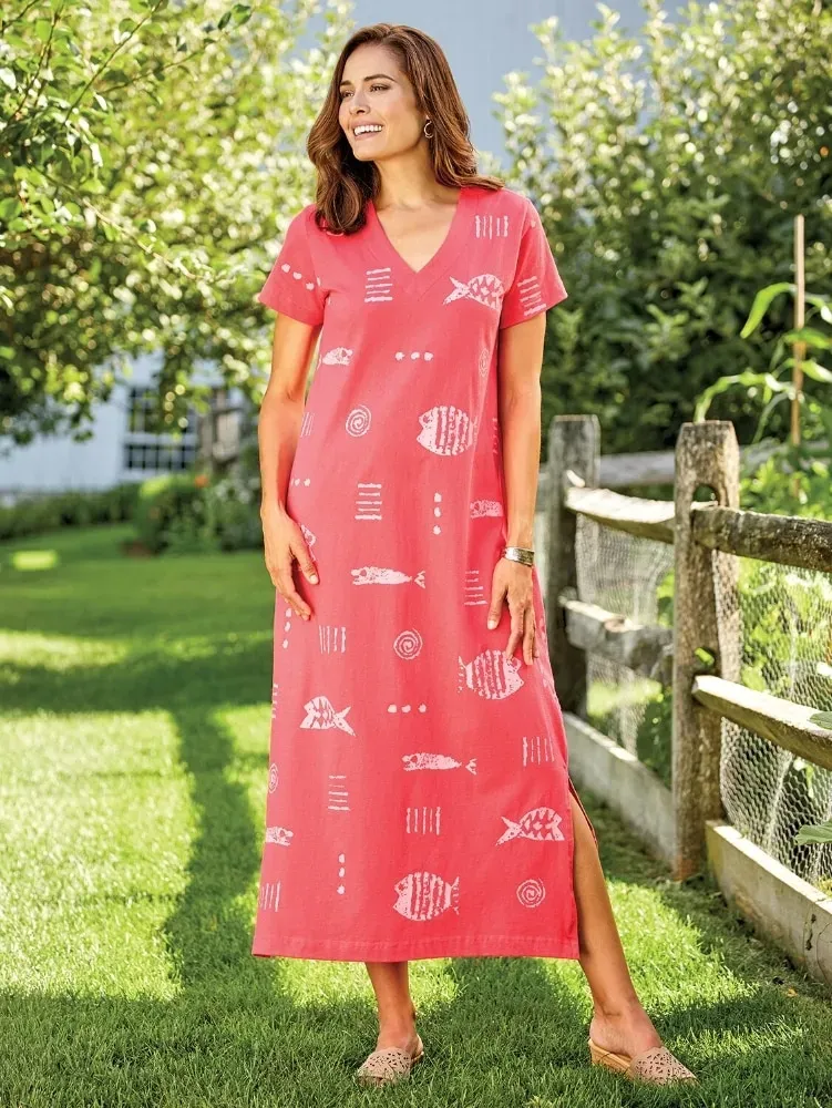 M.MAC Rock Fish Ankle-Length Cotton Knit V-Neck Dress