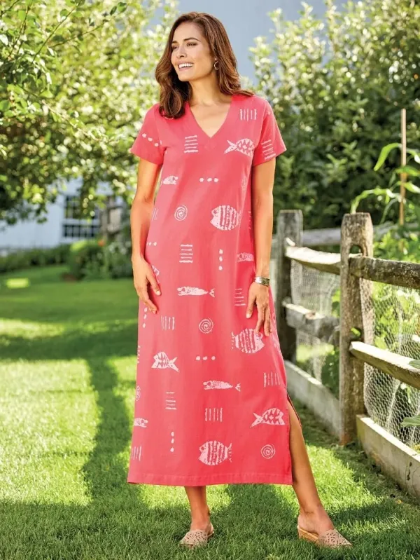 M.MAC Rock Fish Ankle-Length Cotton Knit V-Neck Dress