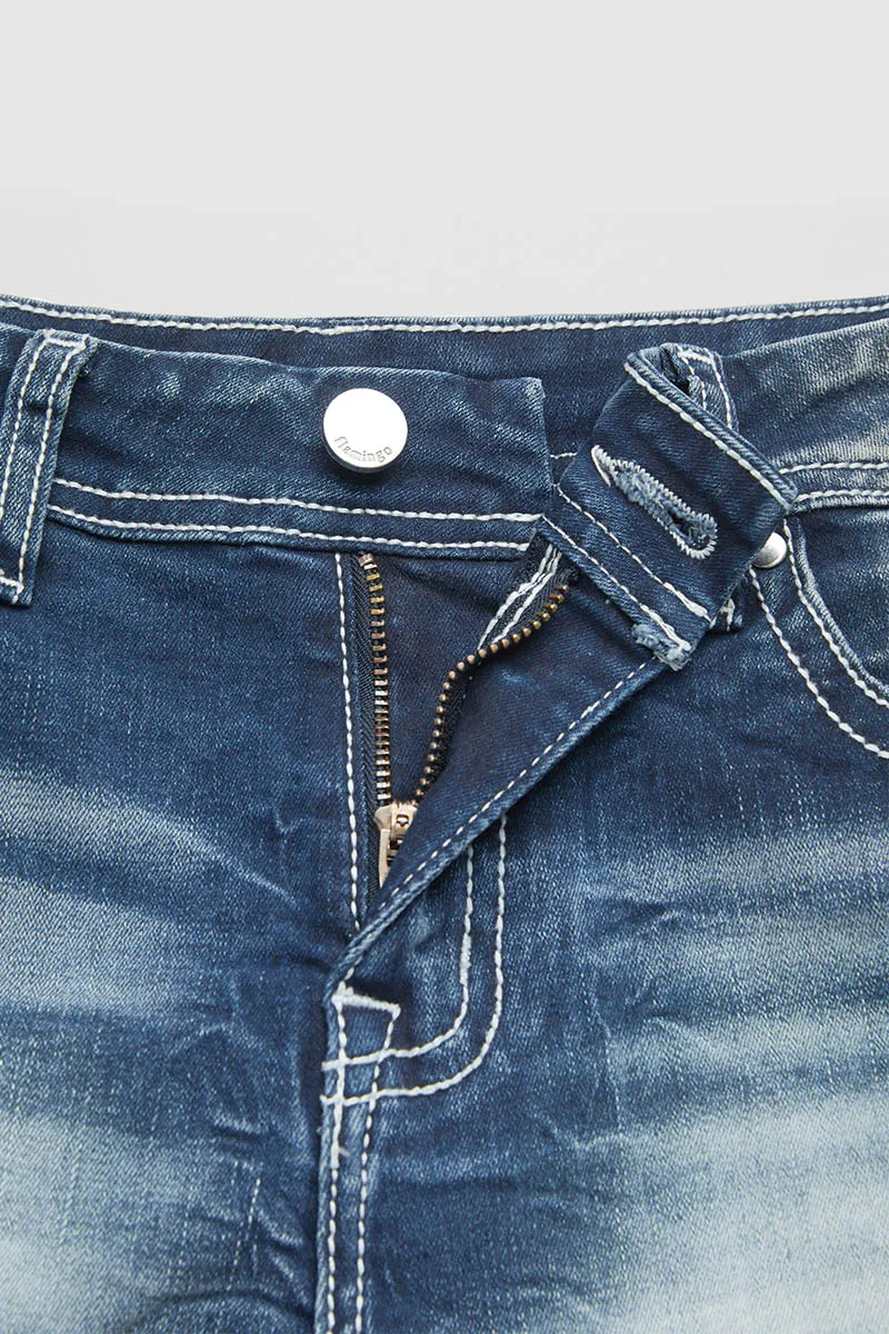 Wash Ripped Raw Hem Mid Waist Denim Shorts