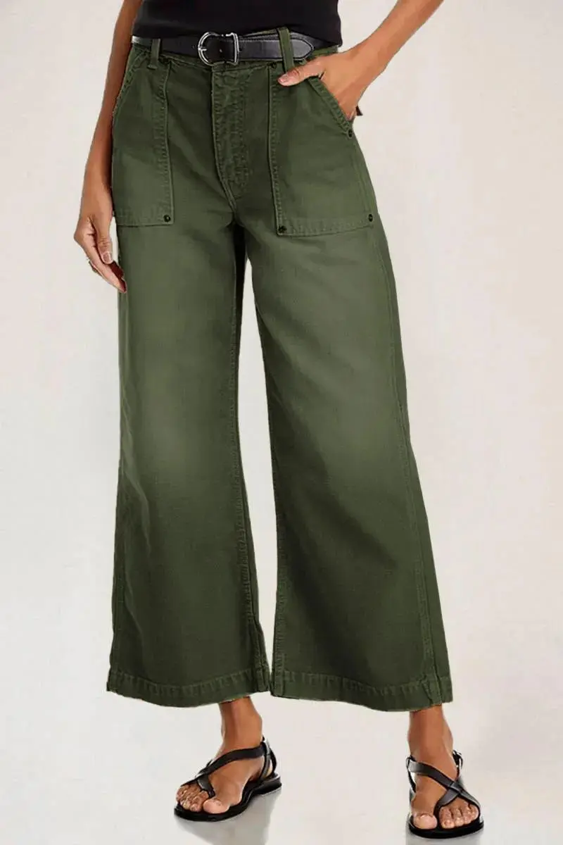 Flap Pocket Back Mid Waist Crop Pants Without Belt