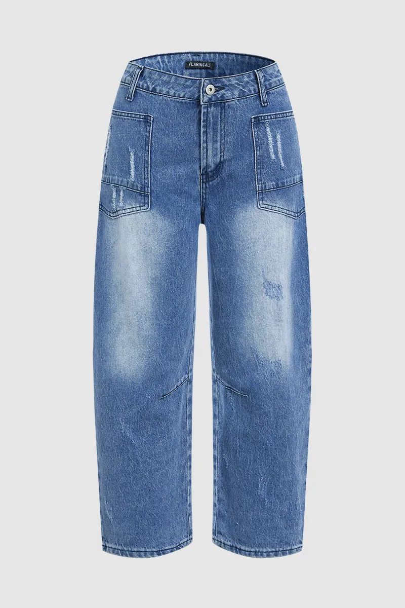 Wash Ripped Mid Rise Barrel Leg Jeans