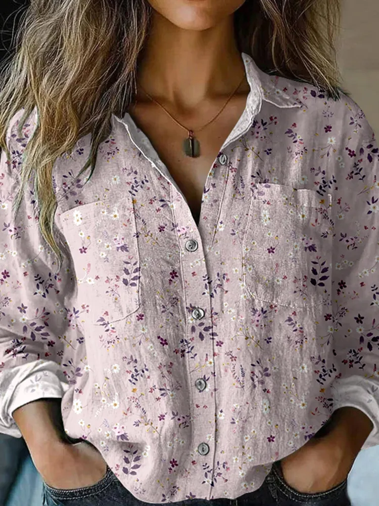 Women's Vintage Floral Art Print Casual Long Sleeve Comfortable Cotton Shirt