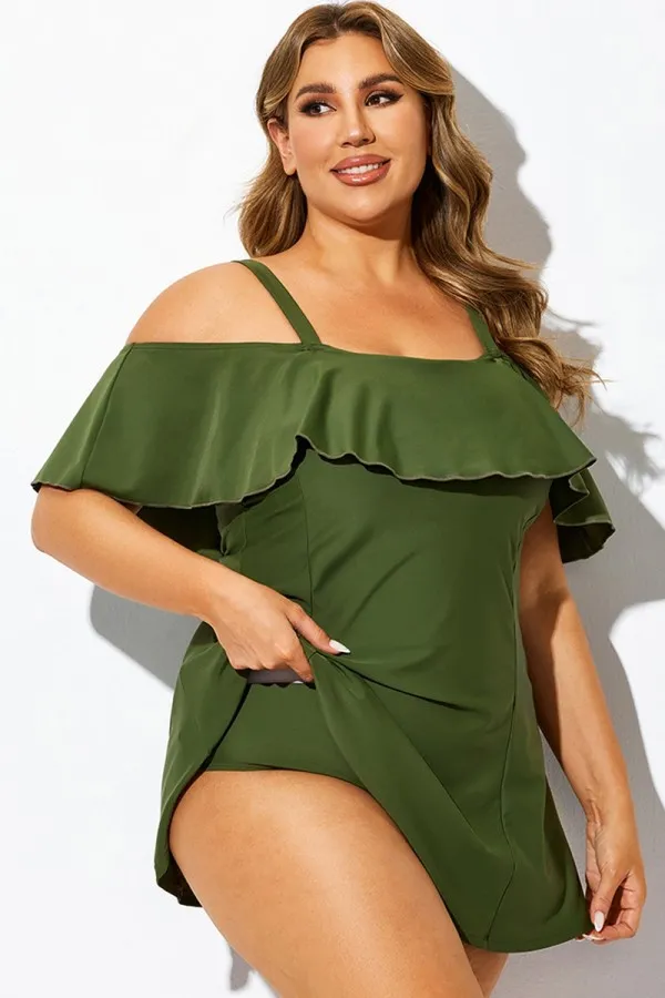 Solid Green Square Neck Off-the-Shoulder Swimdress