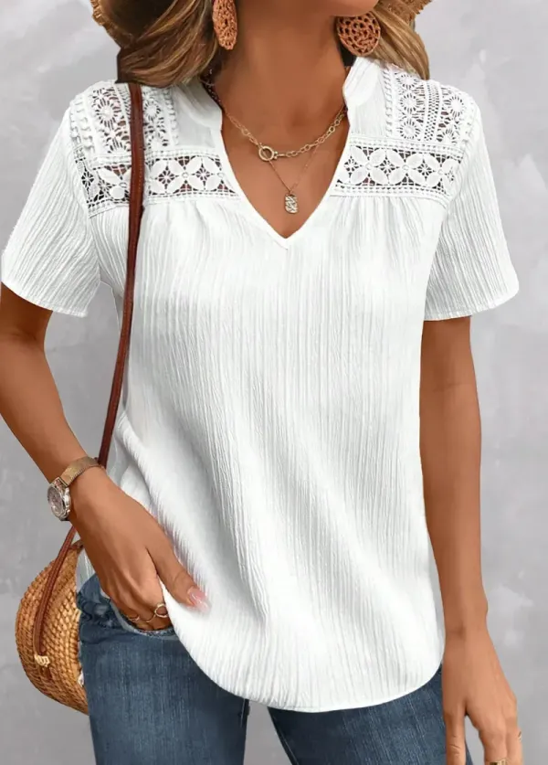 White Lace Short Sleeve Split Neck Blouse