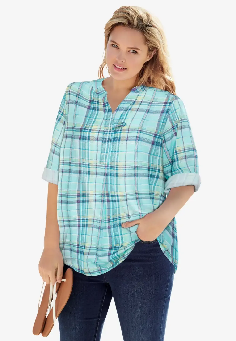 Rayon 7-Day Three-Quarter Sleeve Tab-Front Tunic