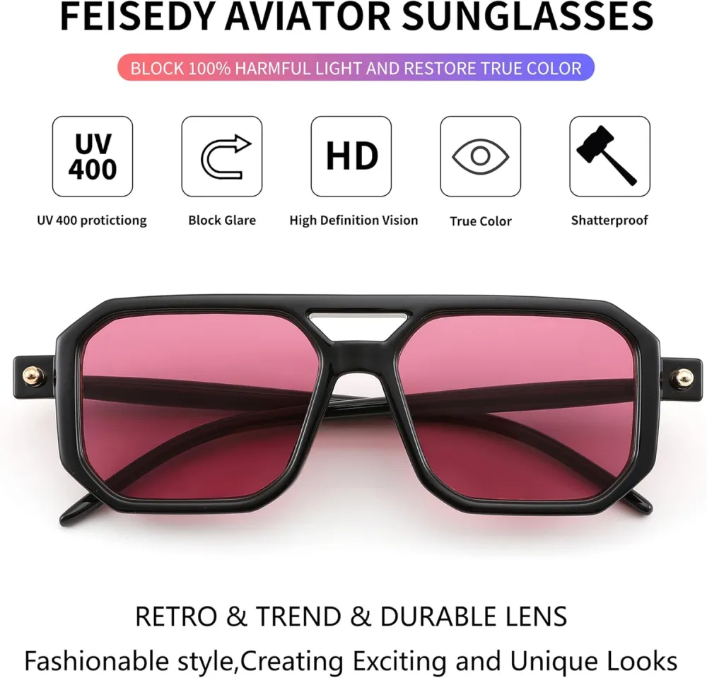 FEISEDY Vintage Square 70s Flat Aviator Sunglasses Women Men Classic Retro Stylish Frame UV400 Sunglasses B2622