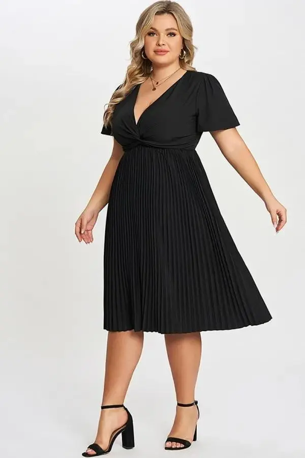 Black Knot Front Pleated Skirt Long Dress