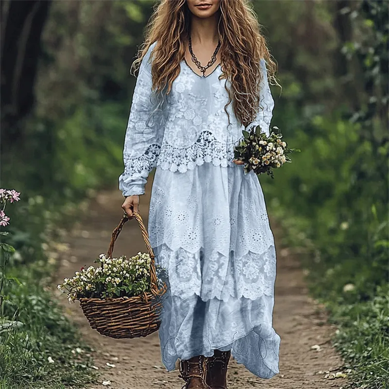 Cottage Floral Lace Layered Flowy Linen Blend Maxi Dress