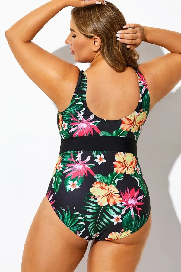 Floral Print V-Neck One Piece Swimsuit