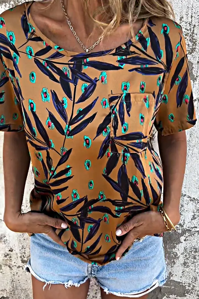 Women's plant pattern back slit T-shirt