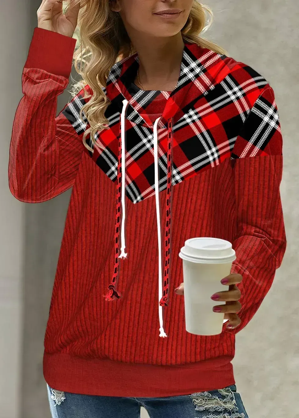 Red Patchwork Plaid Long Sleeve Cowl Neck Sweatshirt