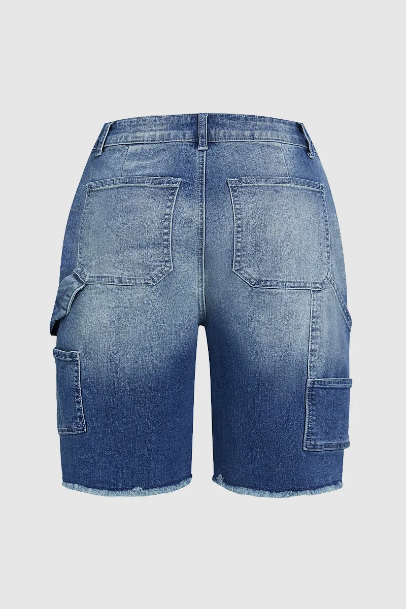 Wash Raw Hem High Waist Denim Bermuda Shorts