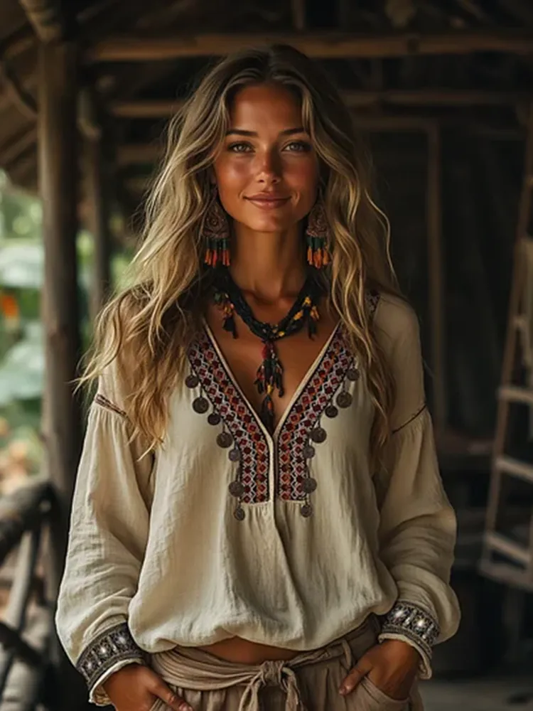 Casual Ethnic Style Embroidered Linen Round Neck Long Sleeve Shirt