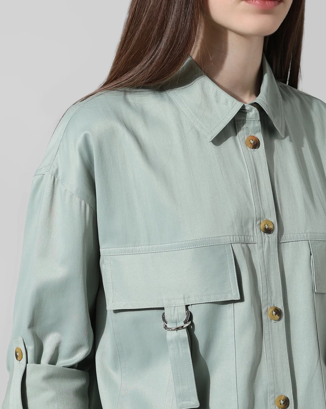 Light Green Floral Embroidered Utility Style Shirt