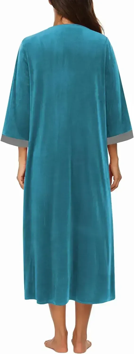 Women Zipper Robe 3/4 Sleeves Loungewear Dress Full Length Sleepwear Pockets Housecoat Nightgown Long Bathrobe