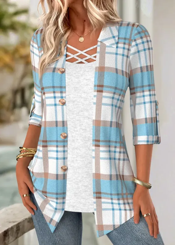 Multi Color Plaid 3/4 Sleeve Fake Two Piece Twinset