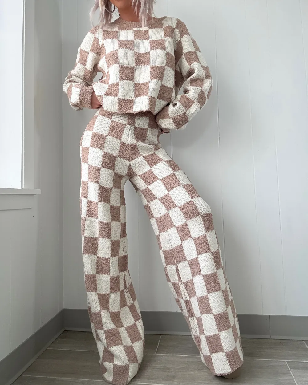 Sands Checkered Sweater Set - Beige/Ivory