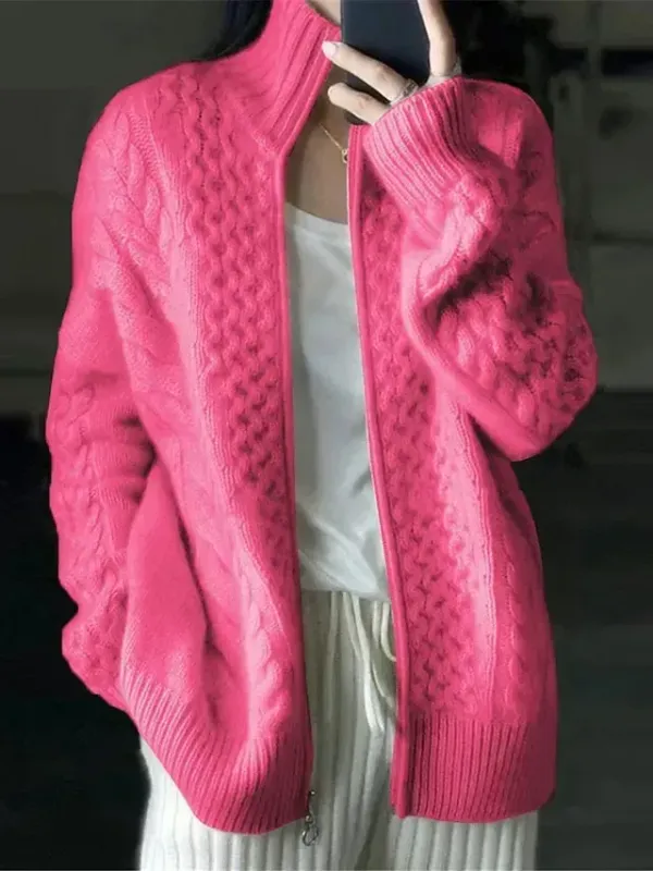 Women‘s Christmas Zip Sweater Stand Collar Cable Knit Polyester Zipper Knitted Fall Winter Regular Outdoor Xmas Holiday Going out Stylish Casual Soft Long Sleeve Pure Color Pink Red S M L