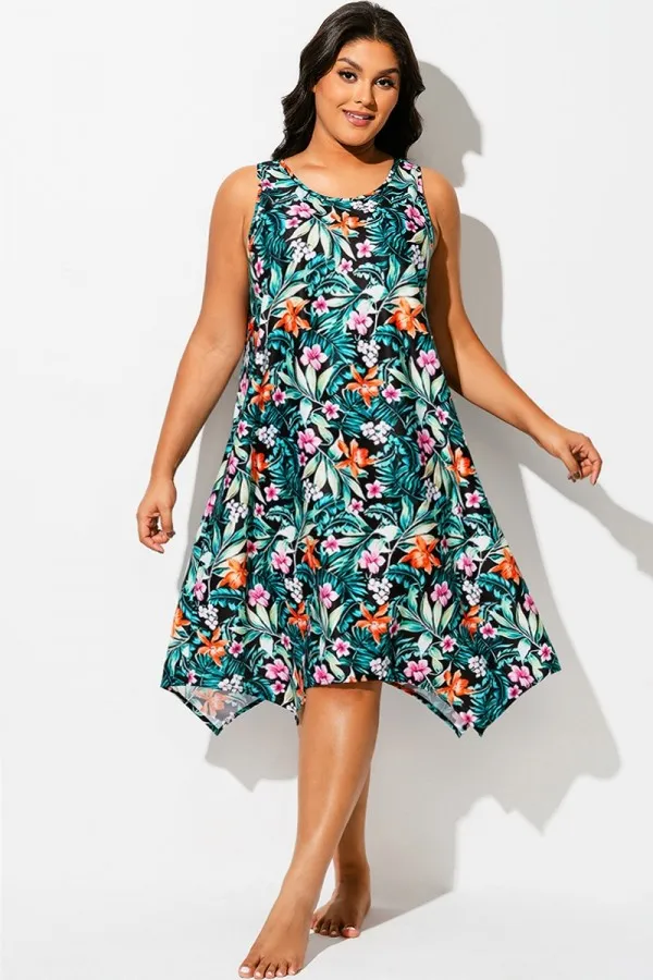 Floral Print Round Neck Sharktail Beach Cover Up