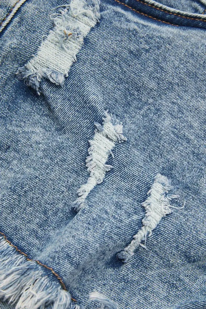 Ripped Raw Trim High Waist Denim Shorts