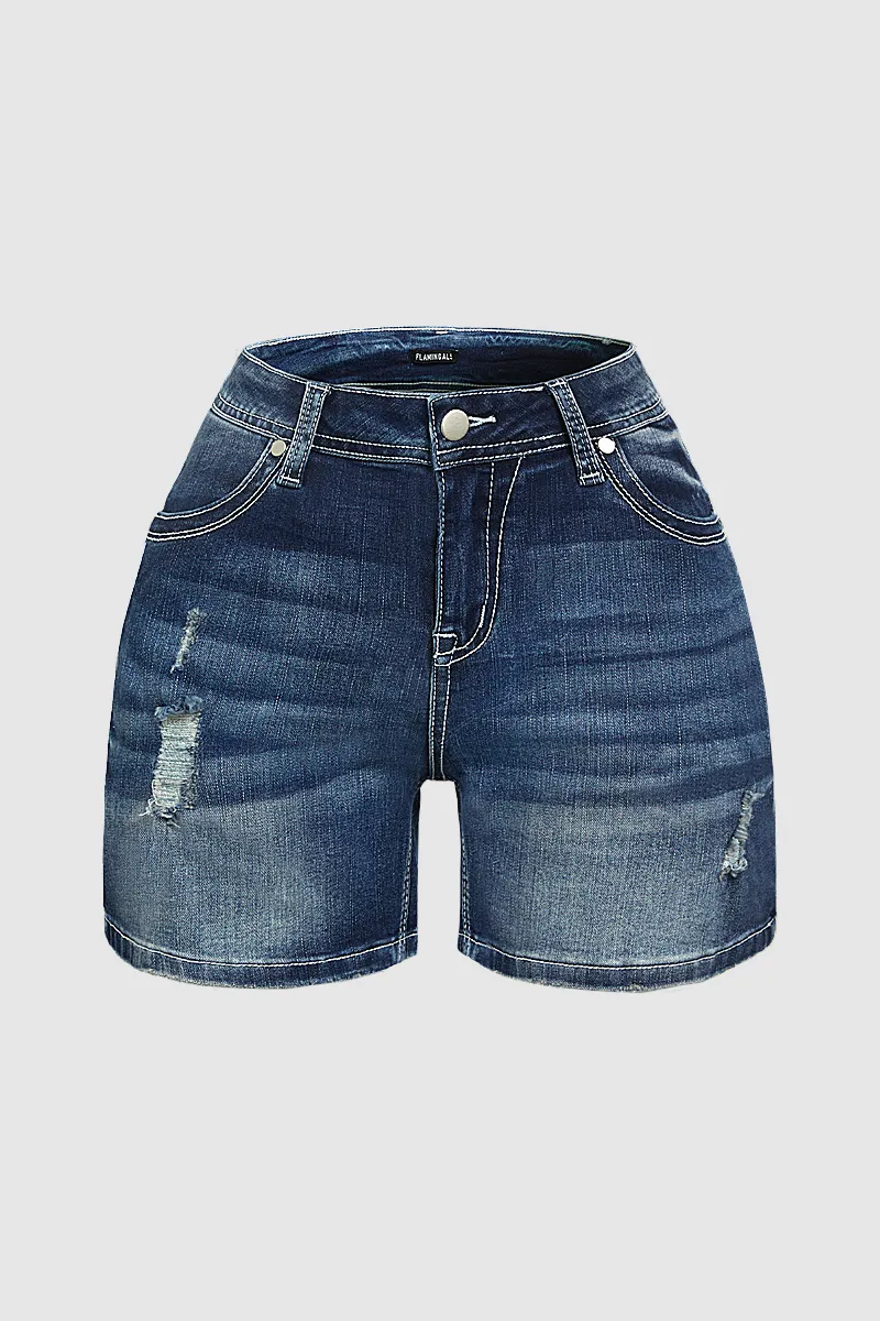 Wash Ripped Roll Hem Mid Rise Denim Shorts