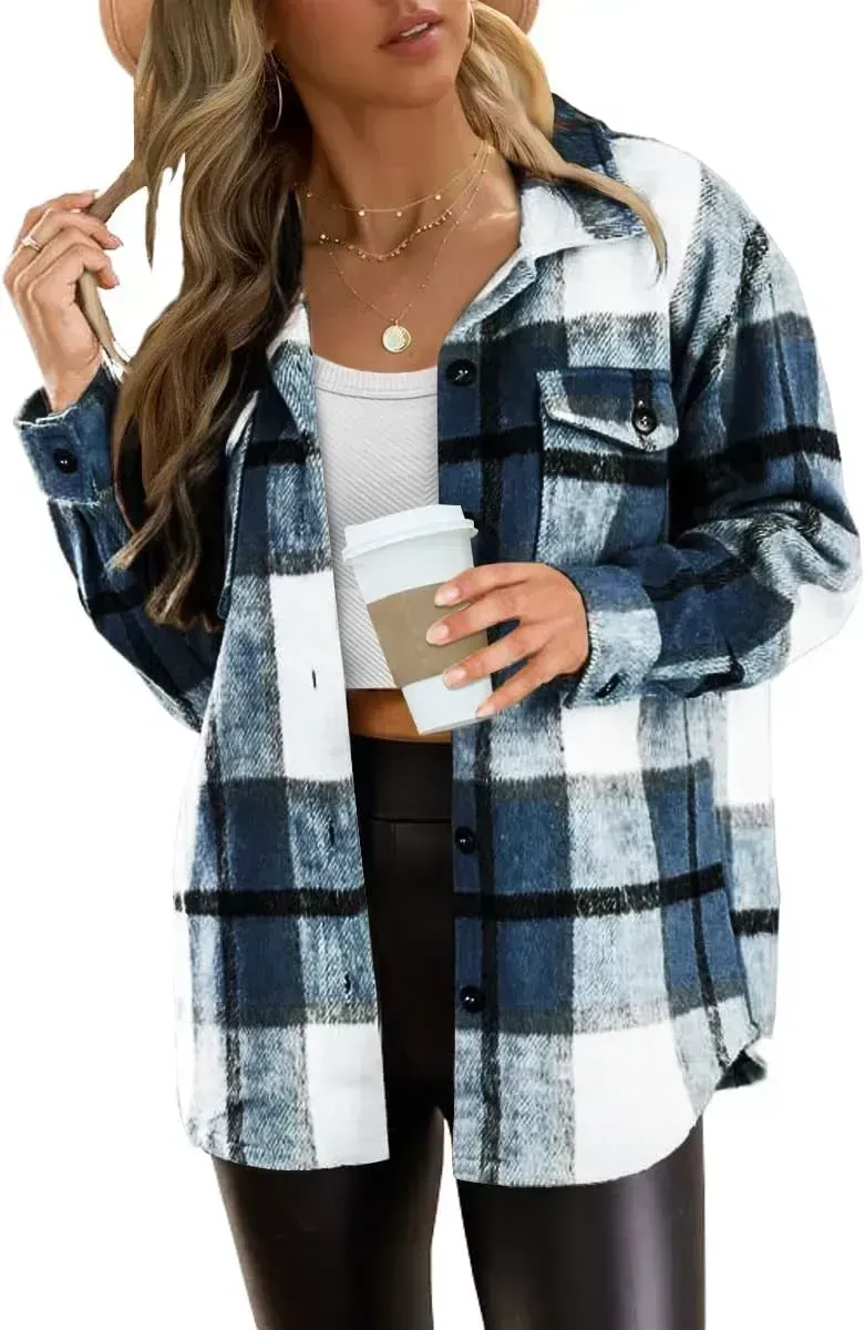 Womens Casual Plaid Shacket Button Down Long Sleeve Shirt
