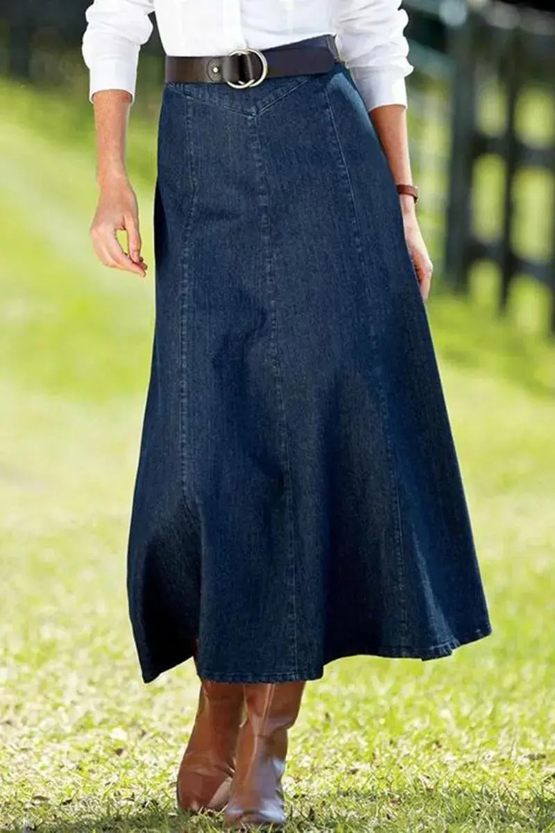 Wash Stitch Detail High Rise Long Denim Skirt Without Belt