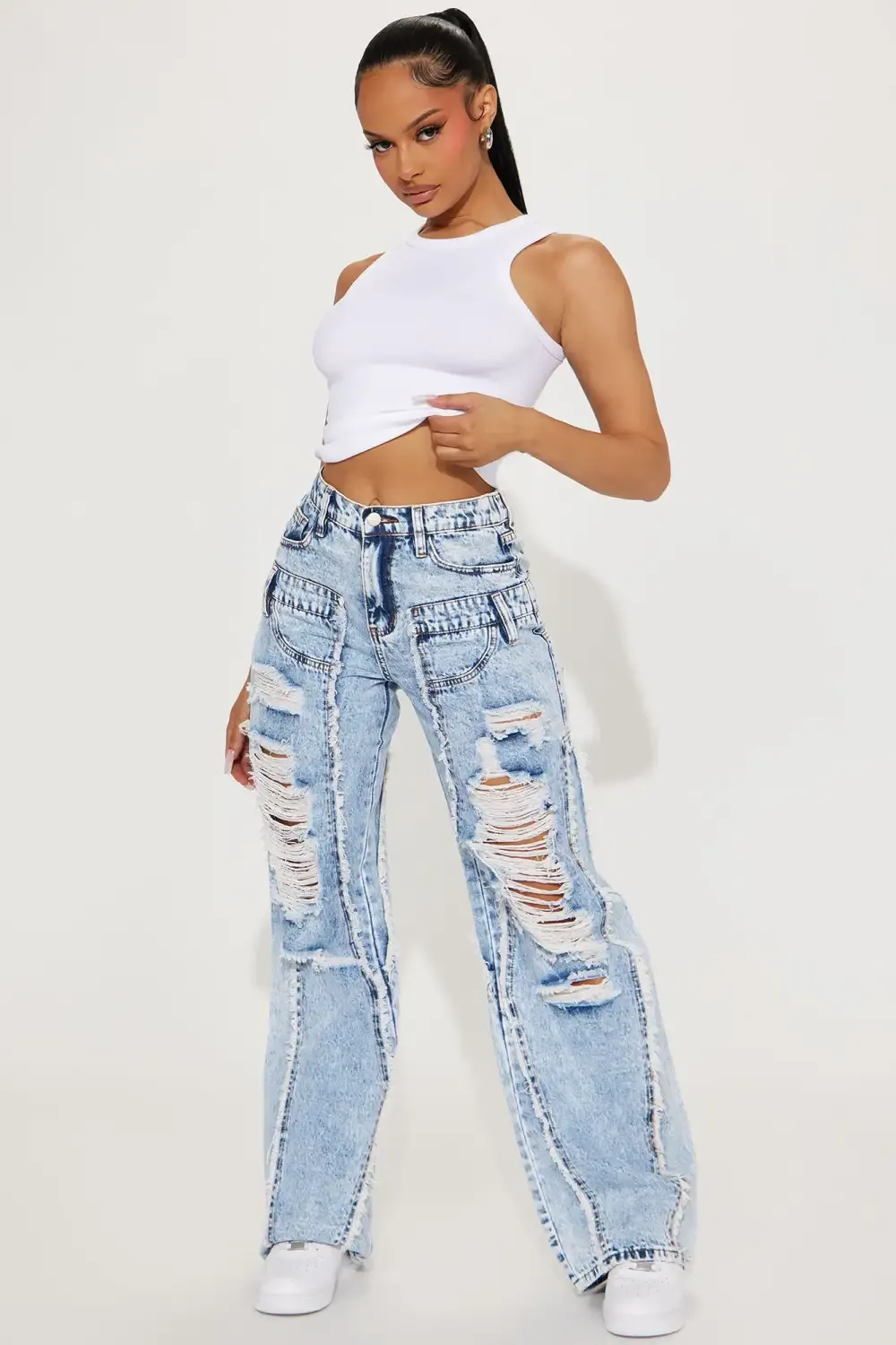 New Era Easy Waist Ripped Jeans - Light Wash
