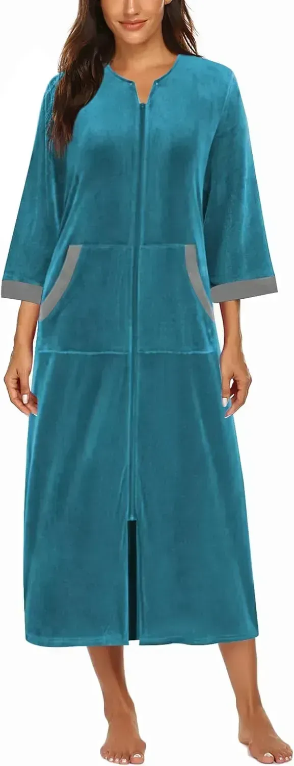 Women Zipper Robe 3/4 Sleeves Loungewear Dress Full Length Sleepwear Pockets Housecoat Nightgown Long Bathrobe