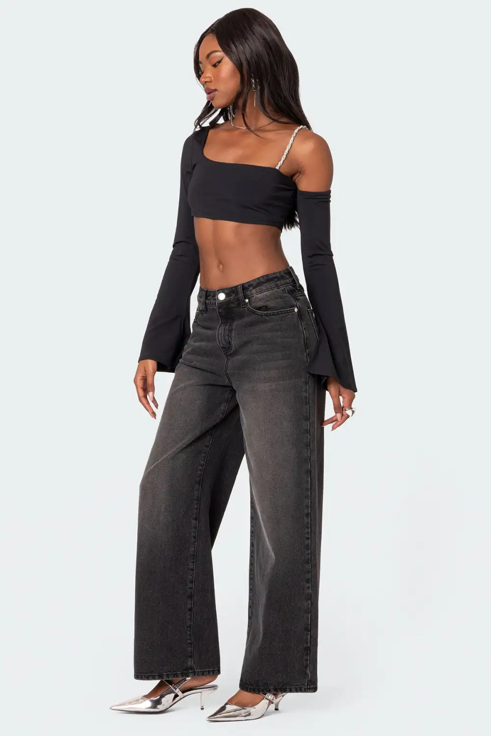 Rhinestone Strap Asymmetric Crop Top