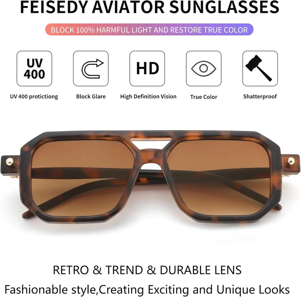FEISEDY Vintage Square 70s Flat Aviator Sunglasses Women Men Classic Retro Stylish Frame UV400 Sunglasses B2622