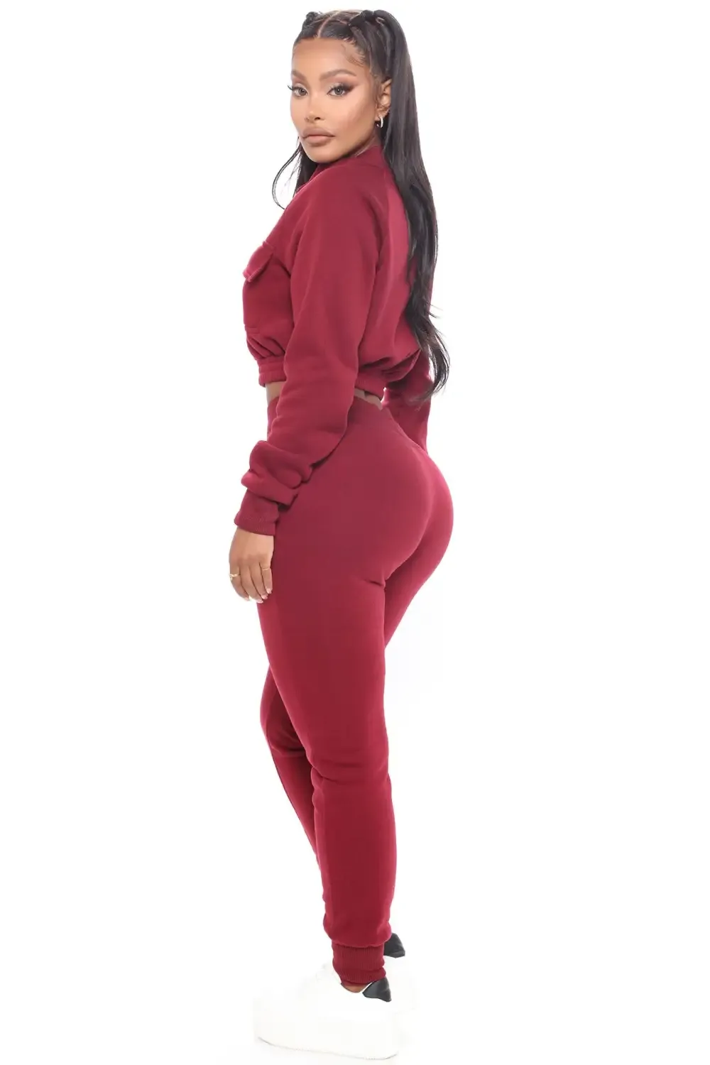 Crop Jacket Jogger Pant Fleece Set - Burgundy