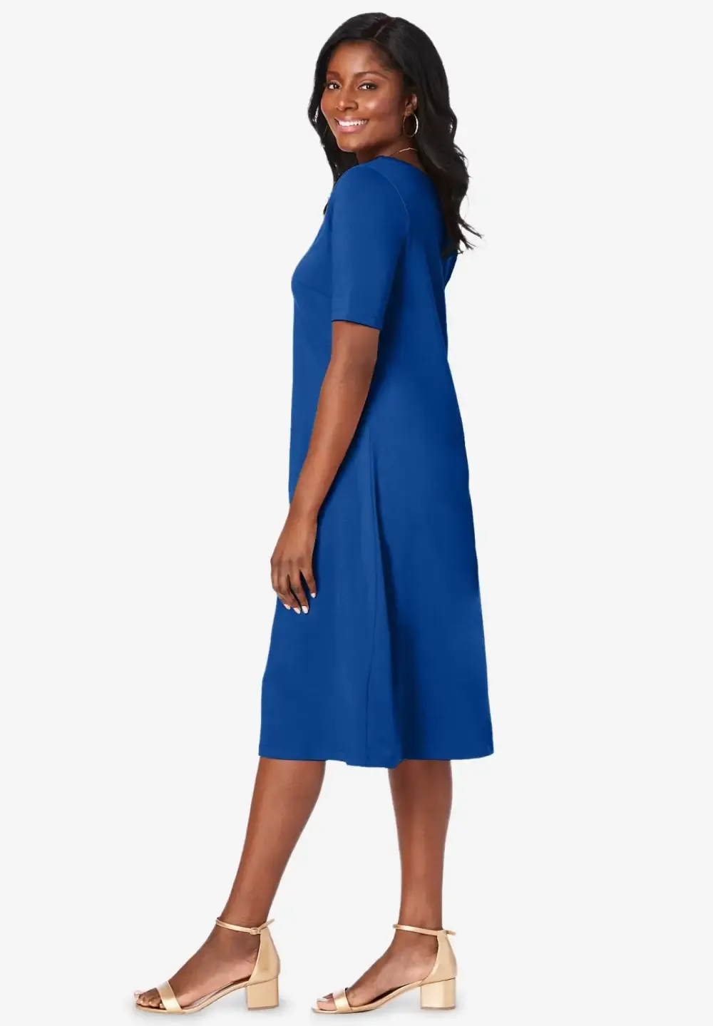 Stretch Cotton Square Neck Midi Dress