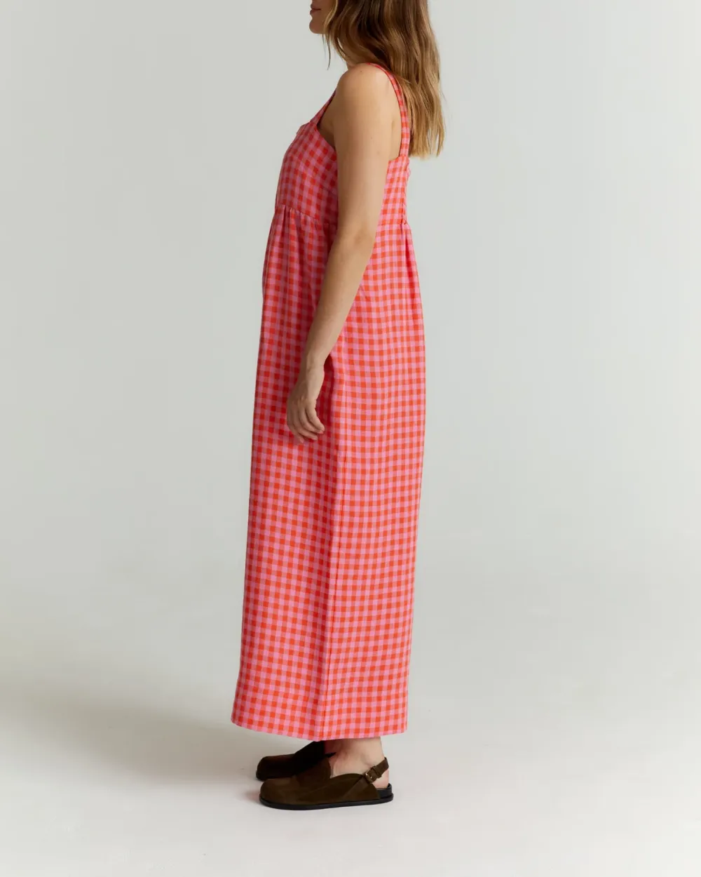 TOMATO & PINK CHECK LINEN JUMPSUIT