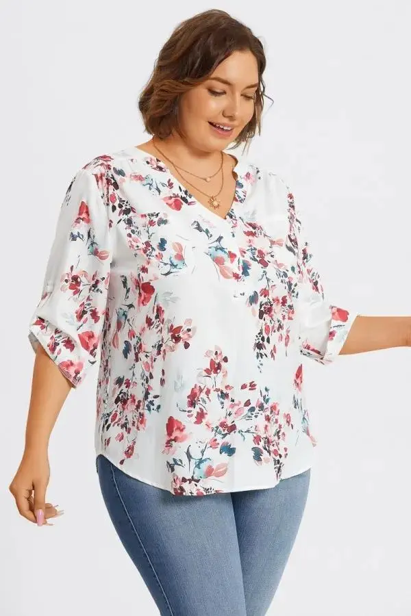 V-Neck Floral Print Pullover 3/4 Sleeve Blouse