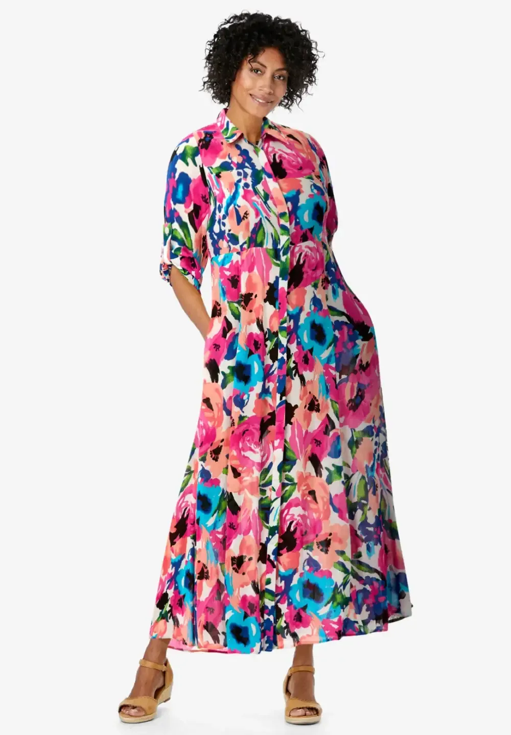 Roll-Tab Sleeve Crinkle Shirtdress