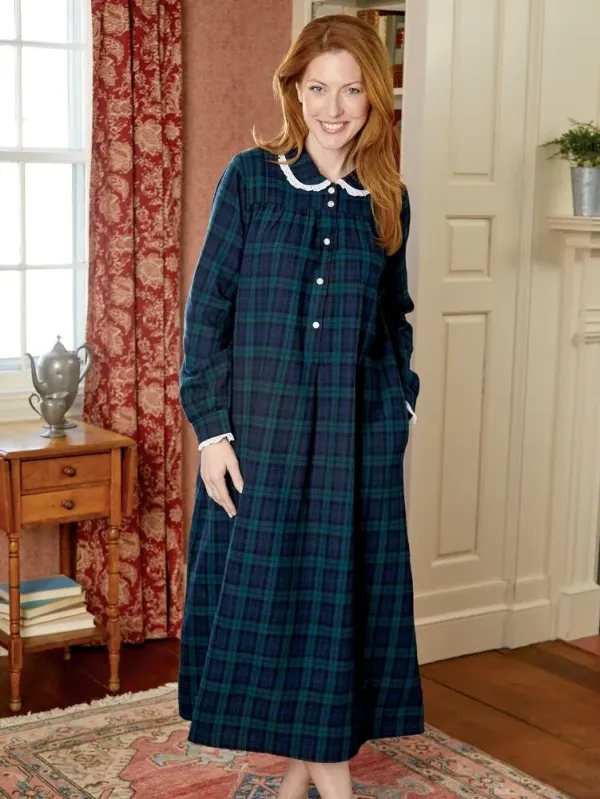 Lanz Classic Plaid Cotton Flannel Nightgown