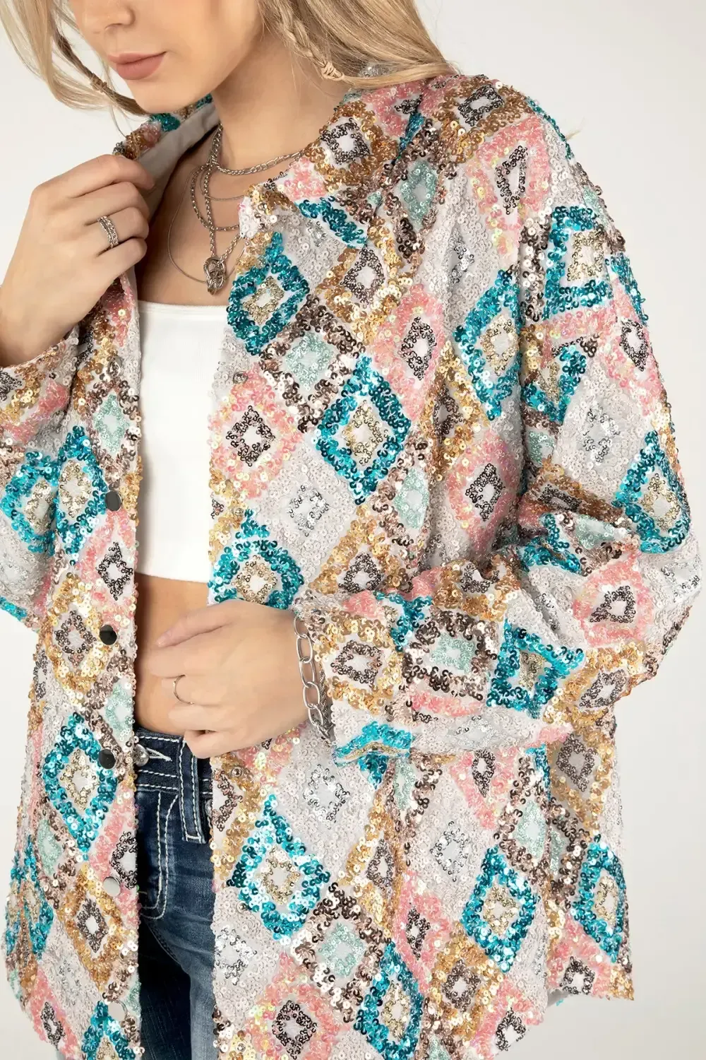 Long Sequined Button Up Top